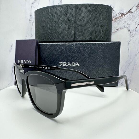 New PRADA Sunglasses Black Acetate Square Silver Metal Logo 53mm Gray Lens - Picture 2 of 16